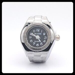 Unisex Ring Watch Silver Adjustable Quartz Analog Black